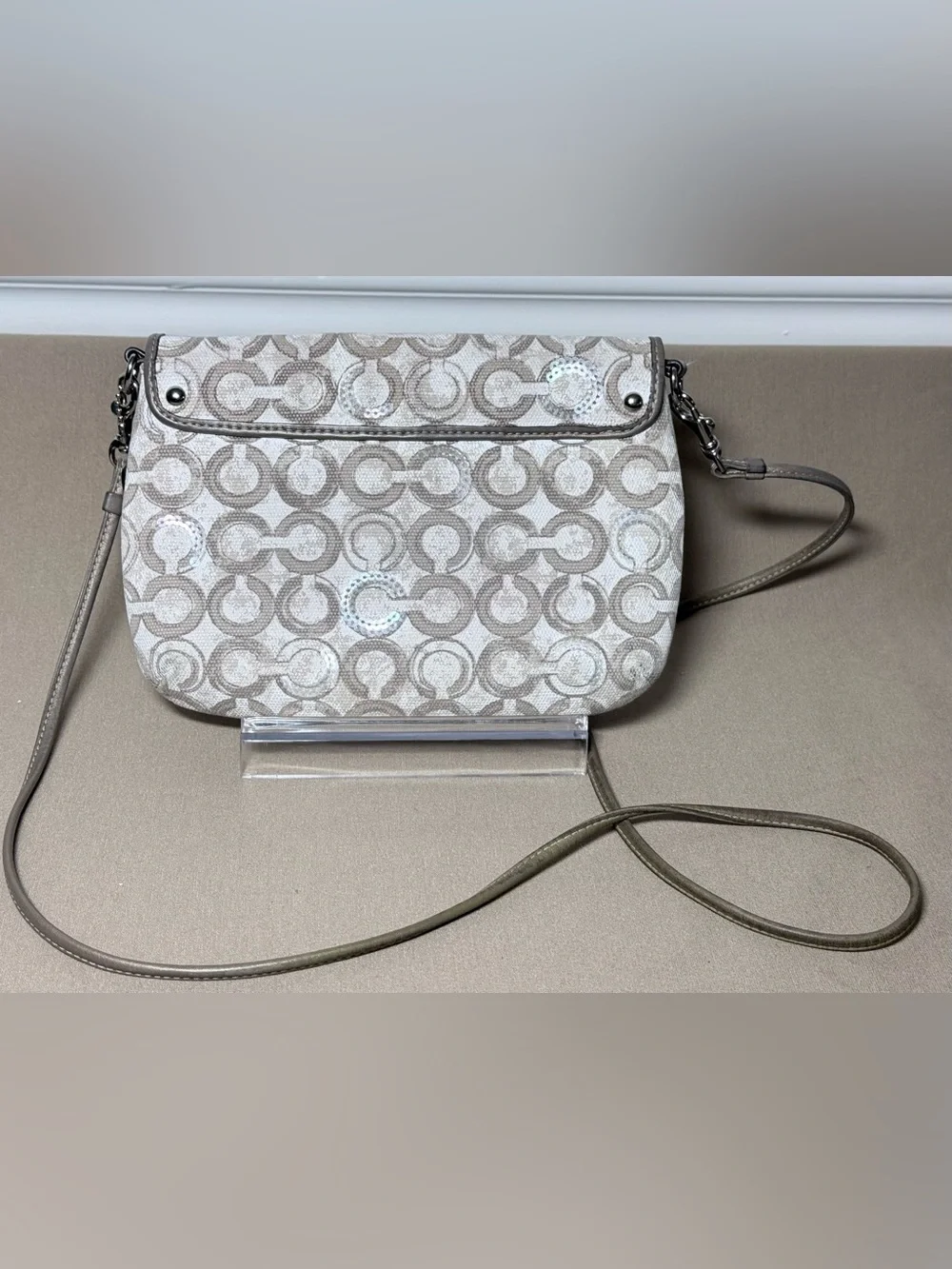 Coach White and Taupe Signature Crossbody with Metallic Accent